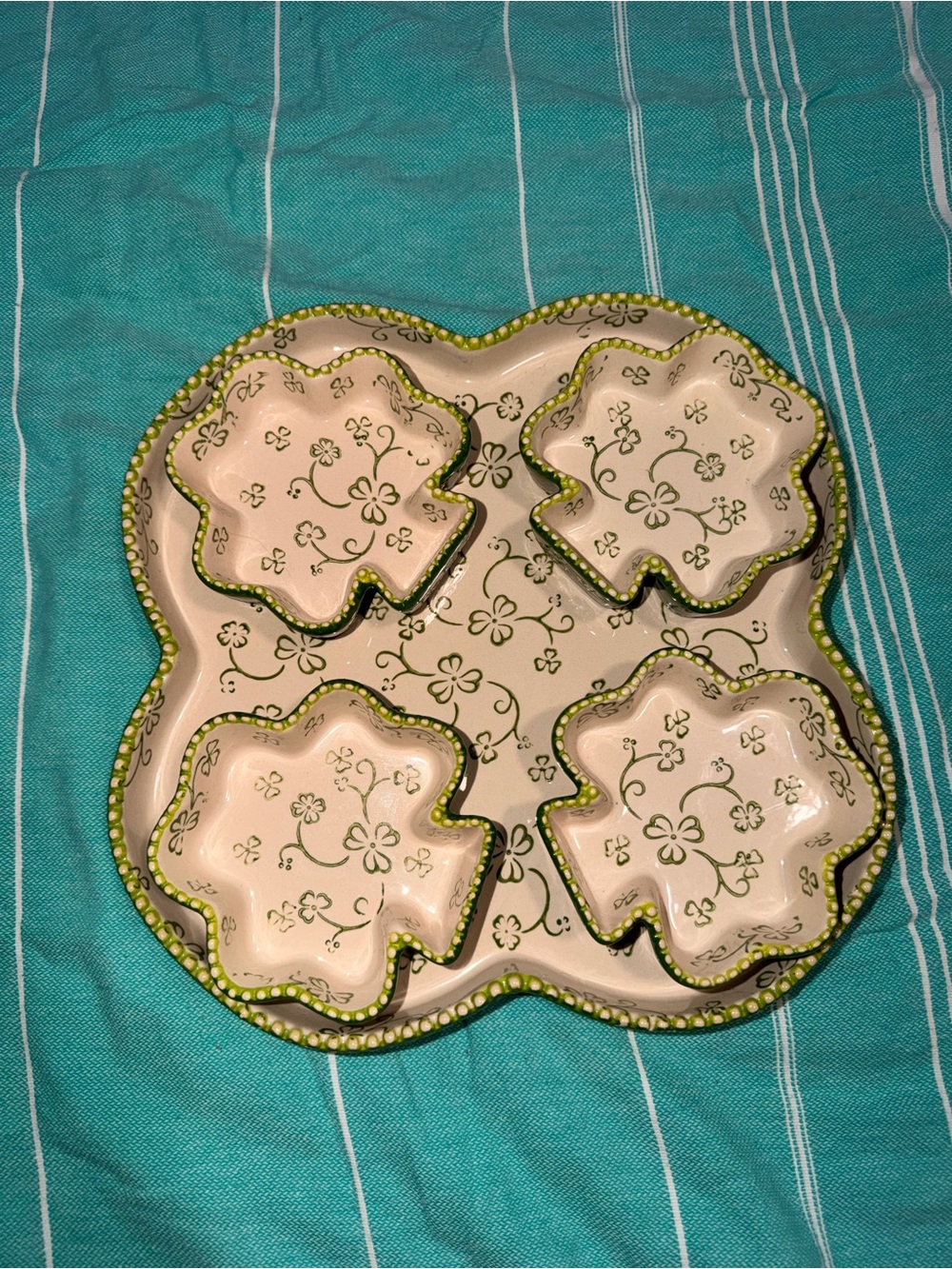 Temptations Cream Serving Platter with Green Floral Accents